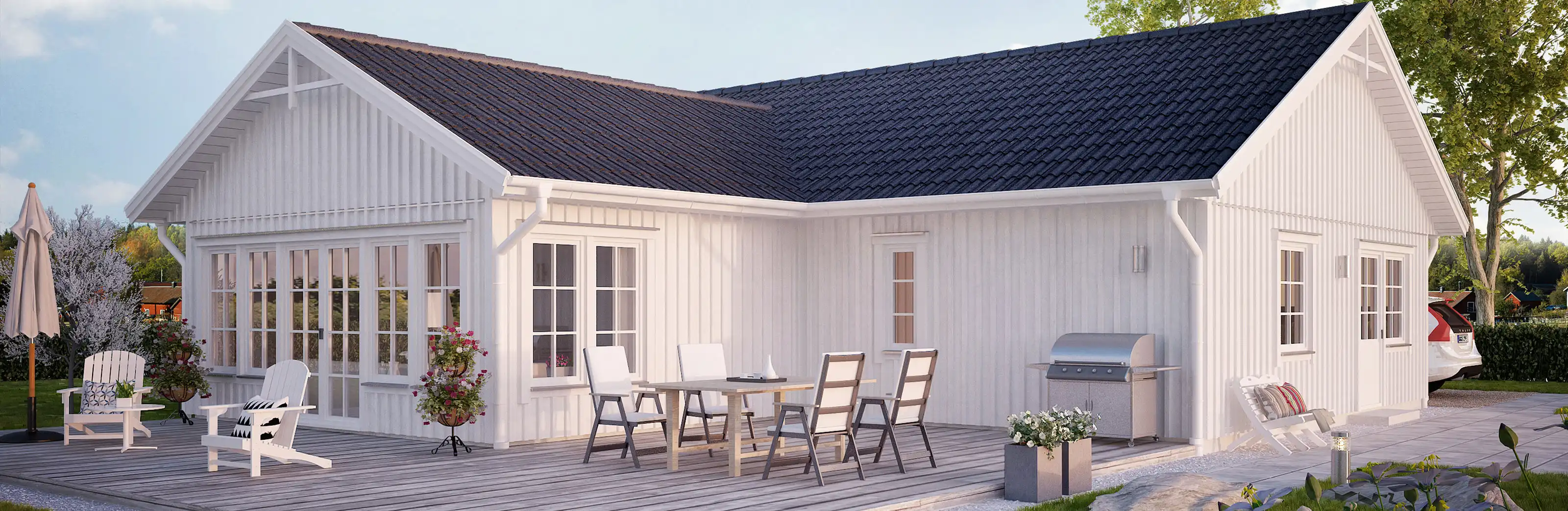 Sjögläntan är ett 1-planshus från Mjöäcksvillan i vinkel med all bekvämlighet på ett plan.